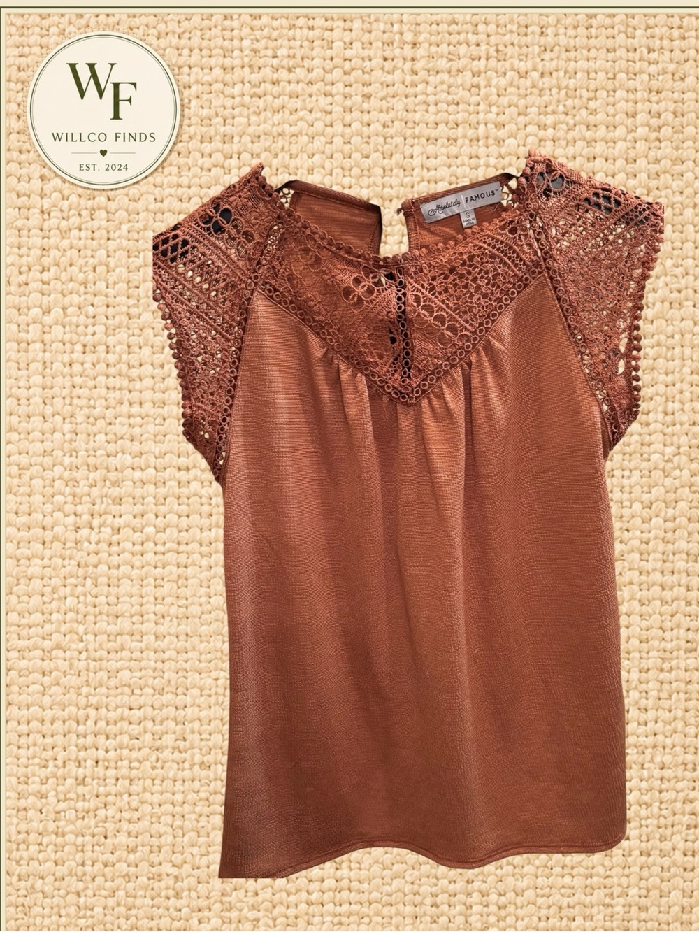 Absolutely Famous Rust Crochet Yoke Cap Sleeve women’s Blouse Size Small